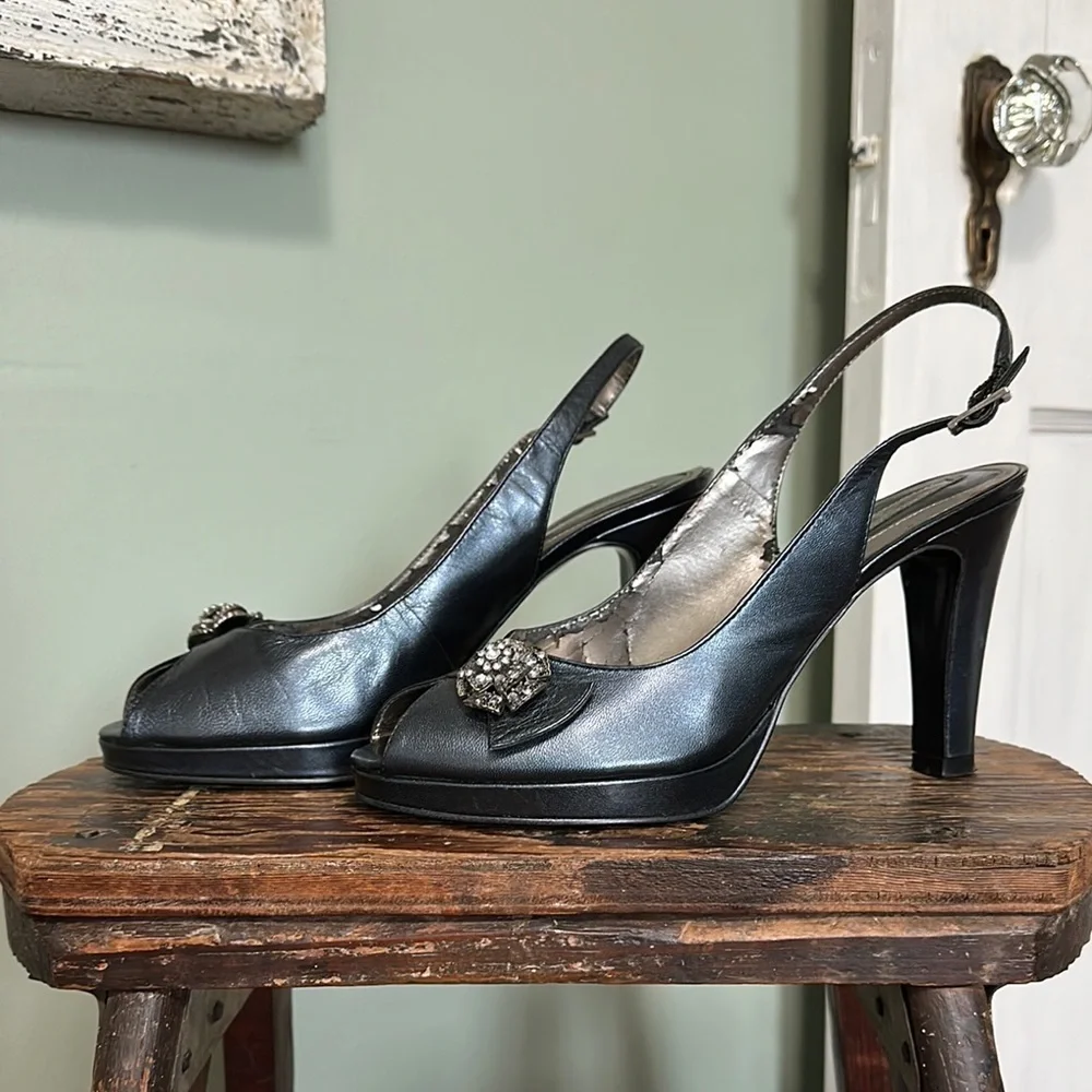 BANDOLINO Karmina Navy Slingback Heels - Peep Toe with Nickel & Crystal Rosette